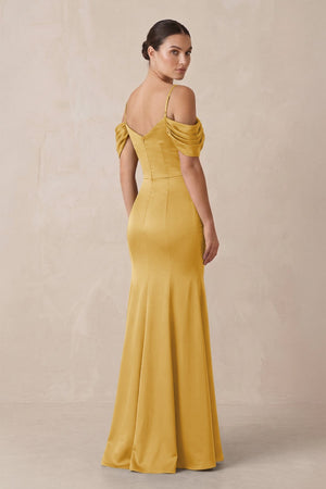 Off - the - Shoulder Mermaid Ruched Bridesmaid Dress in Gold - KISS BRIDAL Bridesmaid Dresses