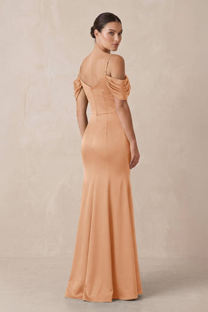 Off - the - Shoulder Mermaid Ruched Bridesmaid Dress in Golden Champagne - KISS BRIDAL Bridesmaid Dresses