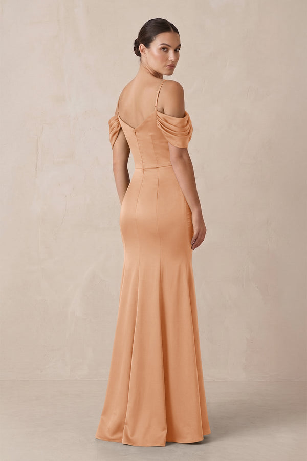 Off - the - Shoulder Mermaid Ruched Bridesmaid Dress in Golden Champagne - KISS BRIDAL Bridesmaid Dresses