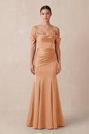 Off - the - Shoulder Mermaid Ruched Bridesmaid Dress in Golden Champagne - KISS BRIDAL Bridesmaid Dresses