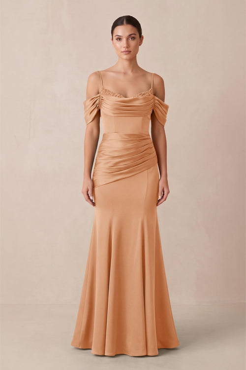 Off - the - Shoulder Mermaid Ruched Bridesmaid Dress in Golden Champagne - KISS BRIDAL Bridesmaid Dresses