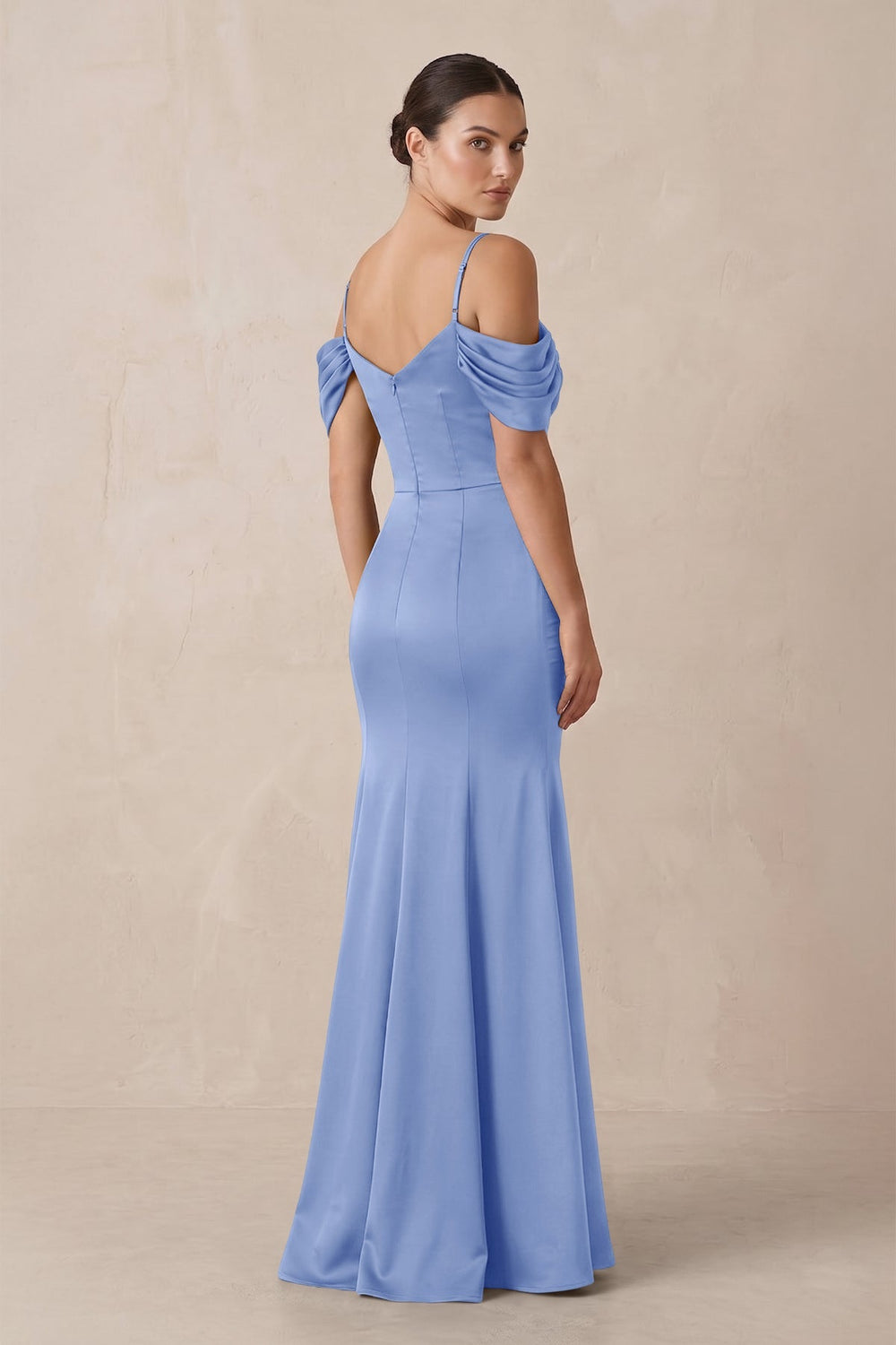 Off - the - Shoulder Mermaid Ruched Bridesmaid Dress in Ice - KISS BRIDAL Bridesmaid Dresses