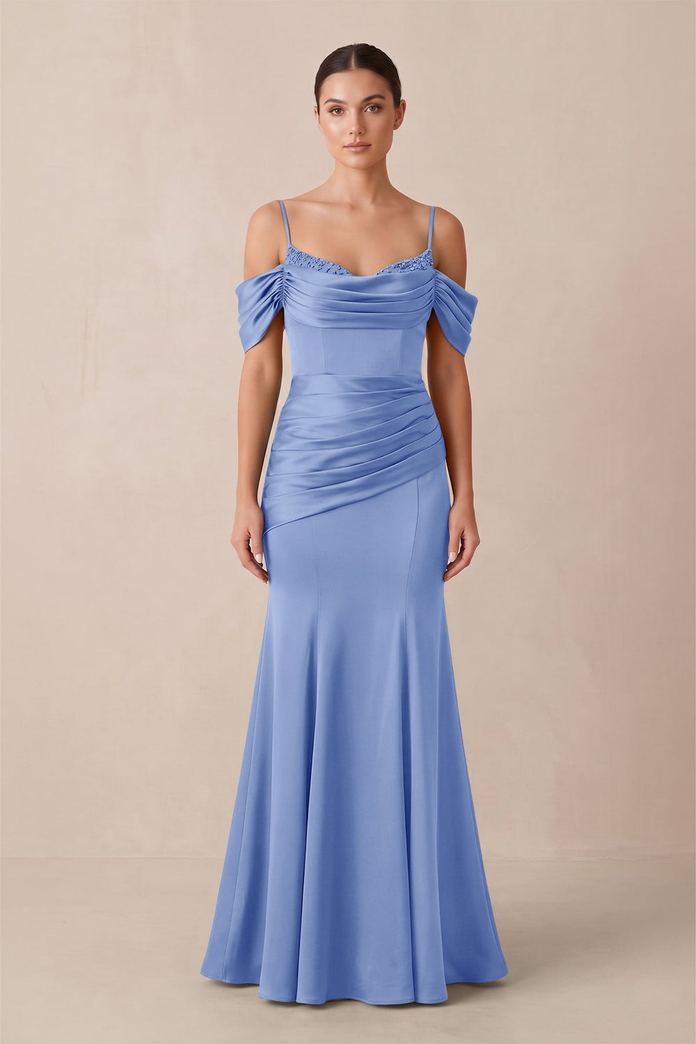 Off - the - Shoulder Mermaid Ruched Bridesmaid Dress in Ice - KISS BRIDAL Bridesmaid Dresses
