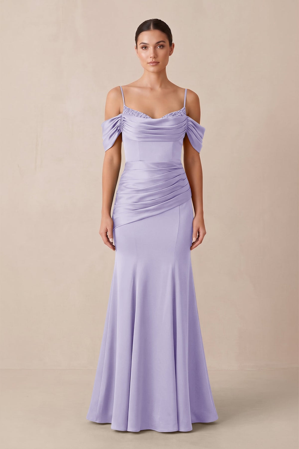 Off - the - Shoulder Mermaid Ruched Bridesmaid Dress in Lavender - KISS BRIDAL Bridesmaid Dresses