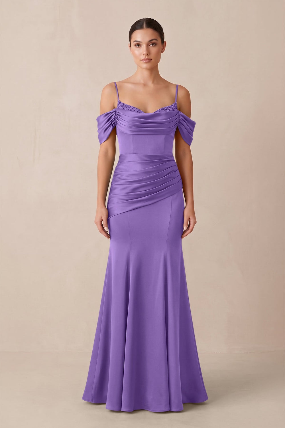 Off - the - Shoulder Mermaid Ruched Bridesmaid Dress in Lilac - KISS BRIDAL Bridesmaid Dresses