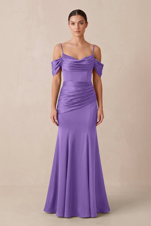 Off - the - Shoulder Mermaid Ruched Bridesmaid Dress in Lilac - KISS BRIDAL Bridesmaid Dresses