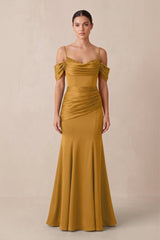 Off - the - Shoulder Mermaid Ruched Bridesmaid Dress in Marigold - KISS BRIDAL Bridesmaid Dresses