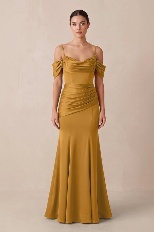 Off - the - Shoulder Mermaid Ruched Bridesmaid Dress in Marigold - KISS BRIDAL Bridesmaid Dresses