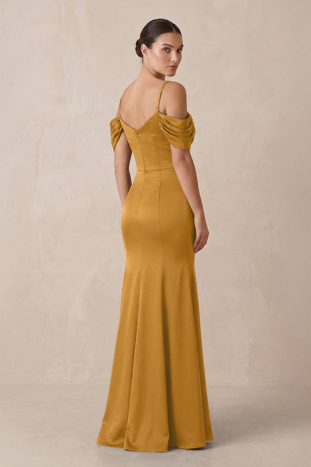 Off - the - Shoulder Mermaid Ruched Bridesmaid Dress in Marigold - KISS BRIDAL Bridesmaid Dresses
