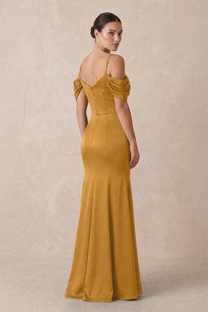 Off - the - Shoulder Mermaid Ruched Bridesmaid Dress in Marigold - KISS BRIDAL Bridesmaid Dresses