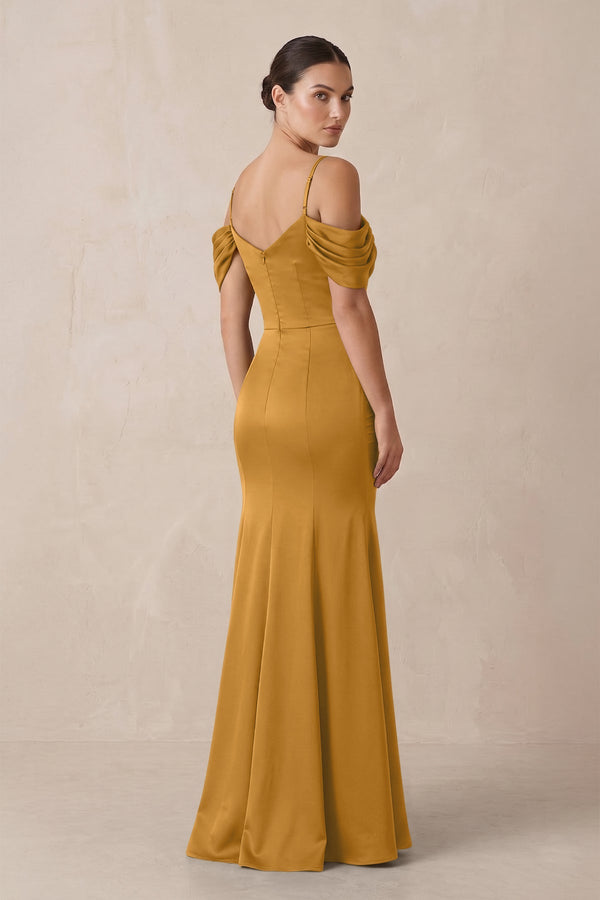Off - the - Shoulder Mermaid Ruched Bridesmaid Dress in Marigold - KISS BRIDAL Bridesmaid Dresses