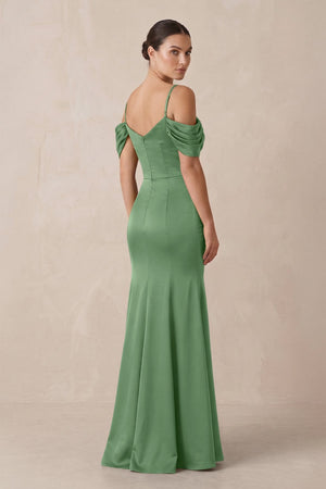 Off - the - Shoulder Mermaid Ruched Bridesmaid Dress in Matcha - KISS BRIDAL Bridesmaid Dresses