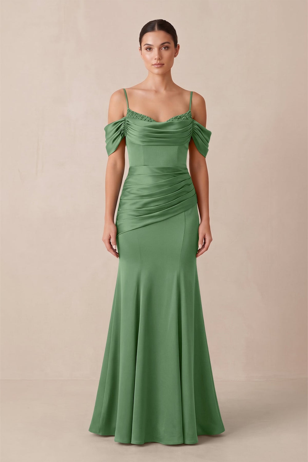 Off - the - Shoulder Mermaid Ruched Bridesmaid Dress in Matcha - KISS BRIDAL Bridesmaid Dresses