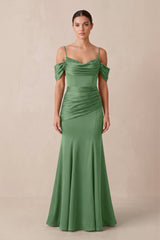 Off - the - Shoulder Mermaid Ruched Bridesmaid Dress in Matcha - KISS BRIDAL Bridesmaid Dresses