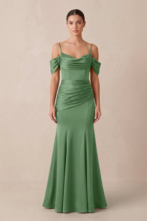 Off - the - Shoulder Mermaid Ruched Bridesmaid Dress in Matcha - KISS BRIDAL Bridesmaid Dresses