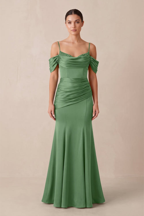 Off - the - Shoulder Mermaid Ruched Bridesmaid Dress in Matcha - KISS BRIDAL Bridesmaid Dresses