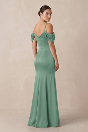 Off - the - Shoulder Mermaid Ruched Bridesmaid Dress in Mint Green - KISS BRIDAL Bridesmaid Dresses