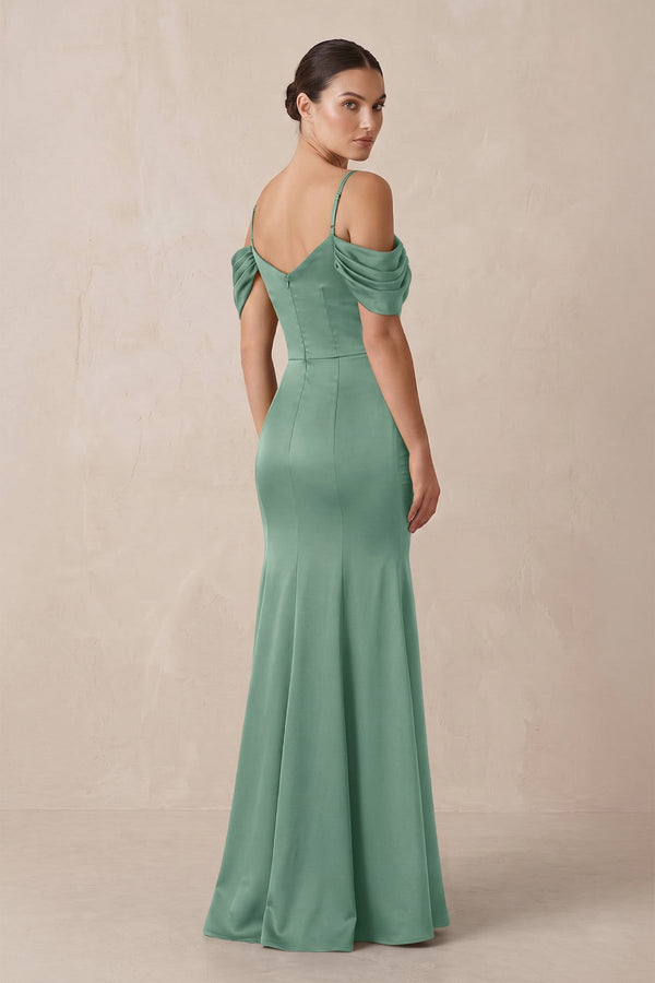 Off - the - Shoulder Mermaid Ruched Bridesmaid Dress in Mint Green - KISS BRIDAL Bridesmaid Dresses