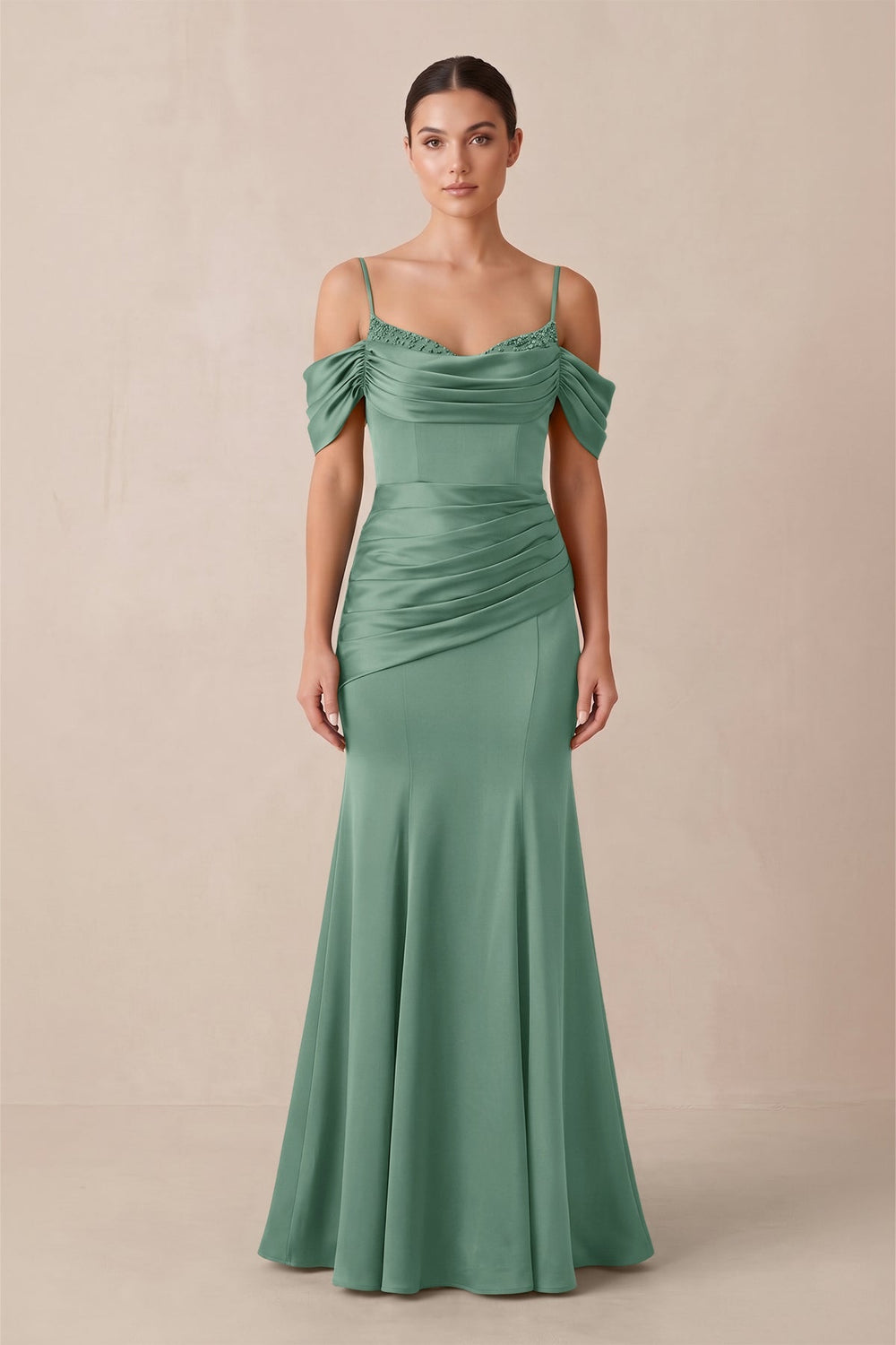 Off - the - Shoulder Mermaid Ruched Bridesmaid Dress in Mint Green - SHE IS ME Bridesmaid Dresses