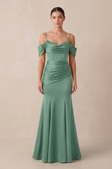 Off - the - Shoulder Mermaid Ruched Bridesmaid Dress in Mint Green - KISS BRIDAL Bridesmaid Dresses