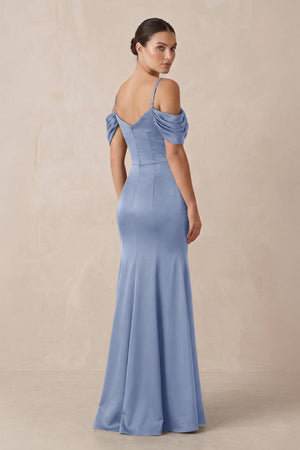Off - the - Shoulder Mermaid Ruched Bridesmaid Dress in Mist - KISS BRIDAL Bridesmaid Dresses
