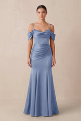 Off - the - Shoulder Mermaid Ruched Bridesmaid Dress in Mist - KISS BRIDAL Bridesmaid Dresses