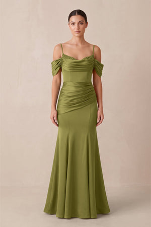 Off - the - Shoulder Mermaid Ruched Bridesmaid Dress in Moss Green - KISS BRIDAL Bridesmaid Dresses