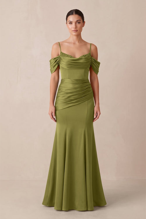 Off - the - Shoulder Mermaid Ruched Bridesmaid Dress in Moss Green - KISS BRIDAL Bridesmaid Dresses