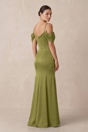Off - the - Shoulder Mermaid Ruched Bridesmaid Dress in Moss Green - KISS BRIDAL Bridesmaid Dresses