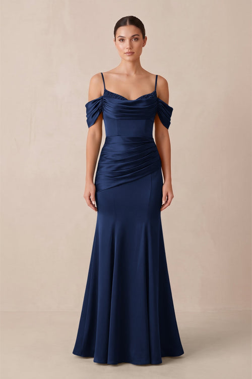 Off - the - Shoulder Mermaid Ruched Bridesmaid Dress in Navy - KISS BRIDAL Bridesmaid Dresses