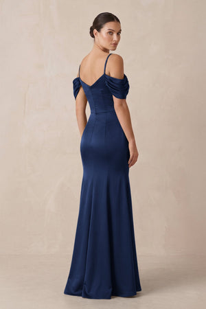 Off - the - Shoulder Mermaid Ruched Bridesmaid Dress in Navy - KISS BRIDAL Bridesmaid Dresses