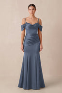 Off - the - Shoulder Mermaid Ruched Bridesmaid Dress in Neptune - KISS BRIDAL Bridesmaid Dresses