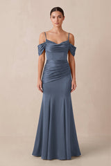 Off - the - Shoulder Mermaid Ruched Bridesmaid Dress in Neptune - KISS BRIDAL Bridesmaid Dresses