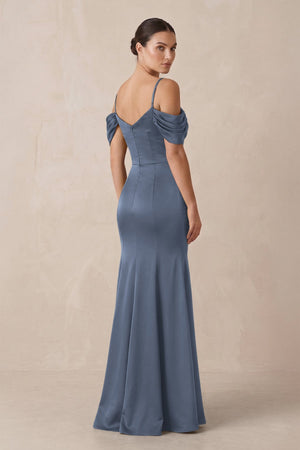 Off - the - Shoulder Mermaid Ruched Bridesmaid Dress in Neptune - KISS BRIDAL Bridesmaid Dresses