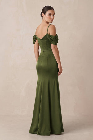 Off - the - Shoulder Mermaid Ruched Bridesmaid Dress in Olive - KISS BRIDAL Bridesmaid Dresses