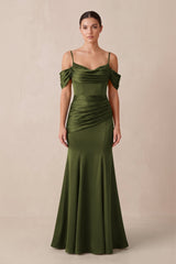 Off - the - Shoulder Mermaid Ruched Bridesmaid Dress in Olive - KISS BRIDAL Bridesmaid Dresses