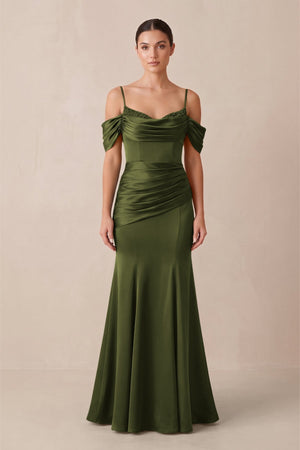 Off - the - Shoulder Mermaid Ruched Bridesmaid Dress in Olive - KISS BRIDAL Bridesmaid Dresses