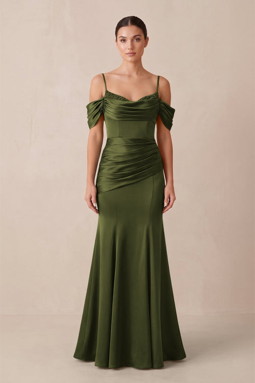 Off - the - Shoulder Mermaid Ruched Bridesmaid Dress in Olive - KISS BRIDAL Bridesmaid Dresses
