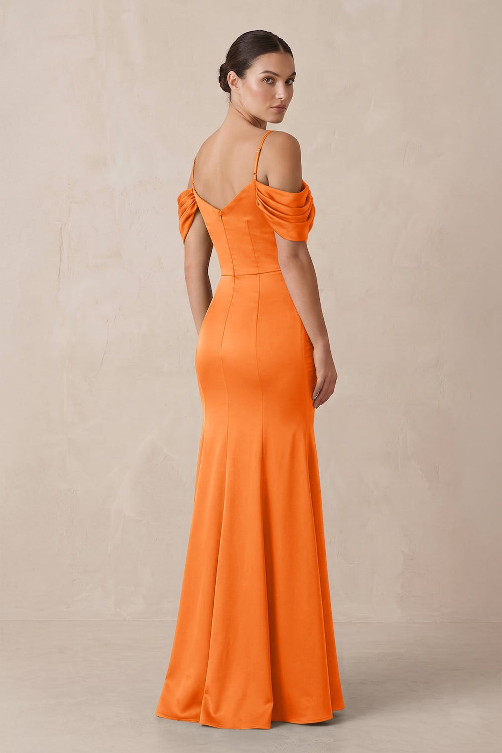 Off - the - Shoulder Mermaid Ruched Bridesmaid Dress in Orange - KISS BRIDAL Bridesmaid Dresses