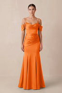 Off - the - Shoulder Mermaid Ruched Bridesmaid Dress in Orange - KISS BRIDAL Bridesmaid Dresses