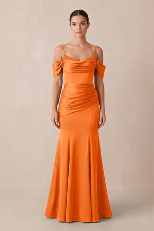 Off - the - Shoulder Mermaid Ruched Bridesmaid Dress in Orange - KISS BRIDAL Bridesmaid Dresses