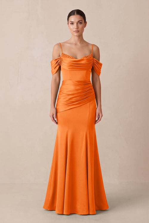 Off - the - Shoulder Mermaid Ruched Bridesmaid Dress in Orange - KISS BRIDAL Bridesmaid Dresses