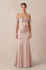 Off - the - Shoulder Mermaid Ruched Bridesmaid Dress in Pale Blush - KISS BRIDAL Bridesmaid Dresses