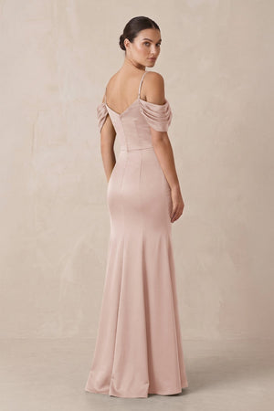 Off - the - Shoulder Mermaid Ruched Bridesmaid Dress in Pale Blush - KISS BRIDAL Bridesmaid Dresses