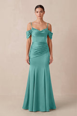 Off - the - Shoulder Mermaid Ruched Bridesmaid Dress in Pale Pistachio - KISS BRIDAL Bridesmaid Dresses
