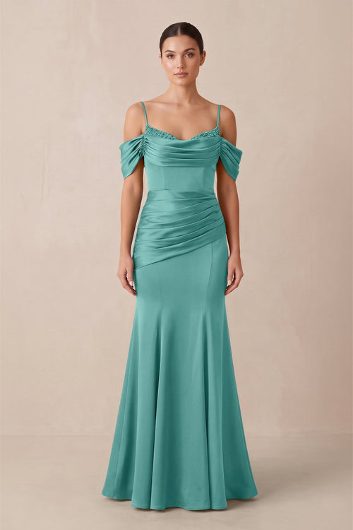 Off - the - Shoulder Mermaid Ruched Bridesmaid Dress in Pale Pistachio - KISS BRIDAL Bridesmaid Dresses