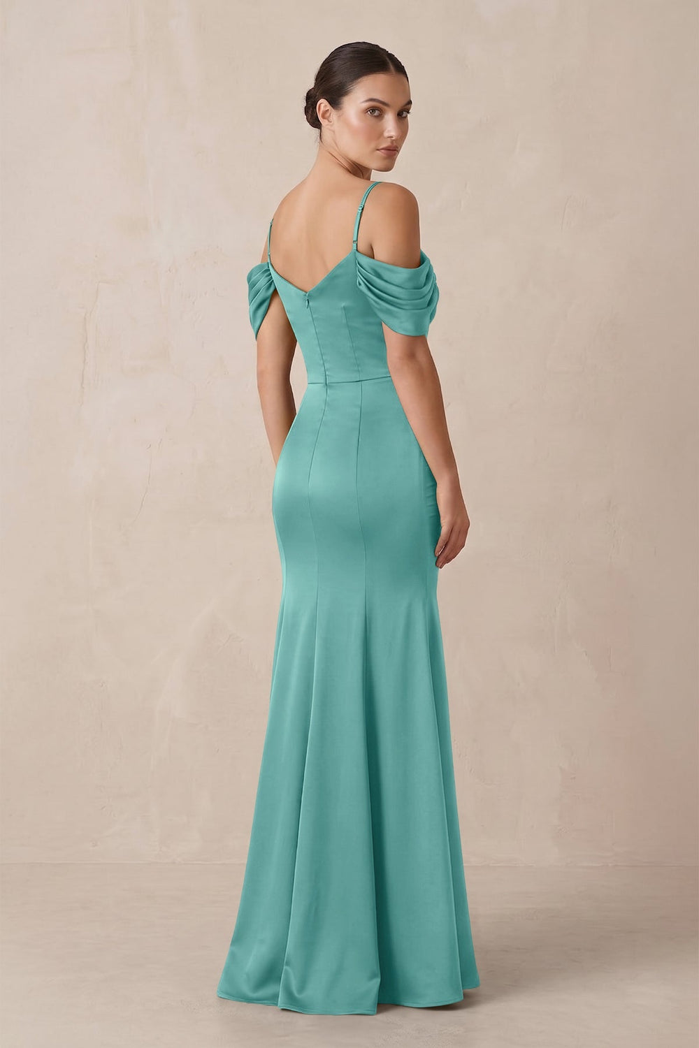 Off - the - Shoulder Mermaid Ruched Bridesmaid Dress in Pale Pistachio - KISS BRIDAL Bridesmaid Dresses
