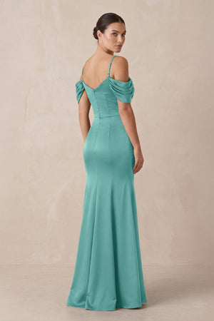 Off - the - Shoulder Mermaid Ruched Bridesmaid Dress in Pale Pistachio - KISS BRIDAL Bridesmaid Dresses