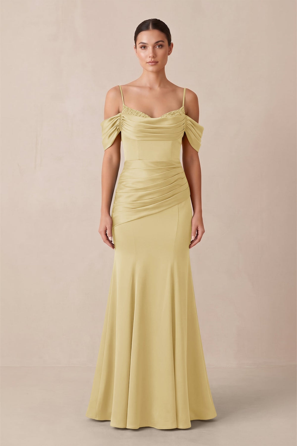 Off - the - Shoulder Mermaid Ruched Bridesmaid Dress in Pastel Yellow - KISS BRIDAL Bridesmaid Dresses