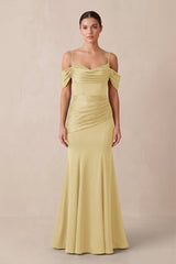 Off - the - Shoulder Mermaid Ruched Bridesmaid Dress in Pastel Yellow - KISS BRIDAL Bridesmaid Dresses